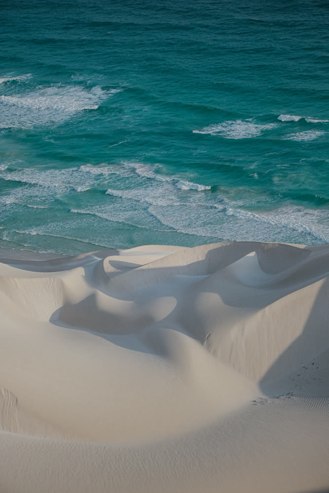 Rolling hills meet foamy seas. Curving sand mounds soar above frothy sea surface with rhythmic beauty