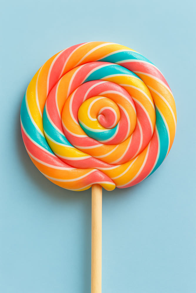 Colorful candy on soft blue background. Large glossy lollipop with rainbow colors on pastel backdrop