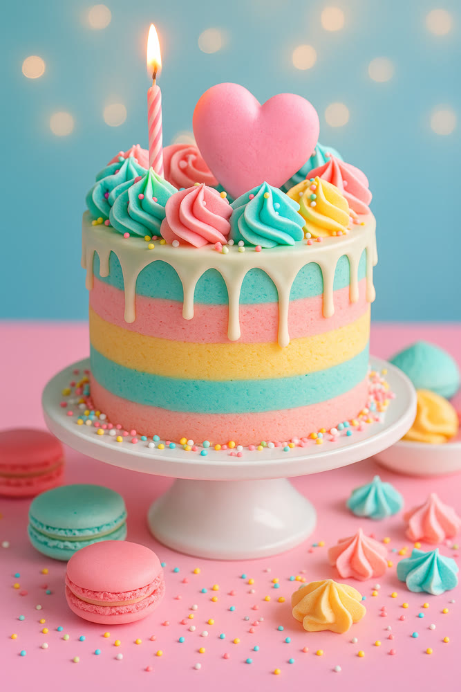 Celebratory arrangement showcasing tiered pastel cake surrounded by confections and shimmering decorations