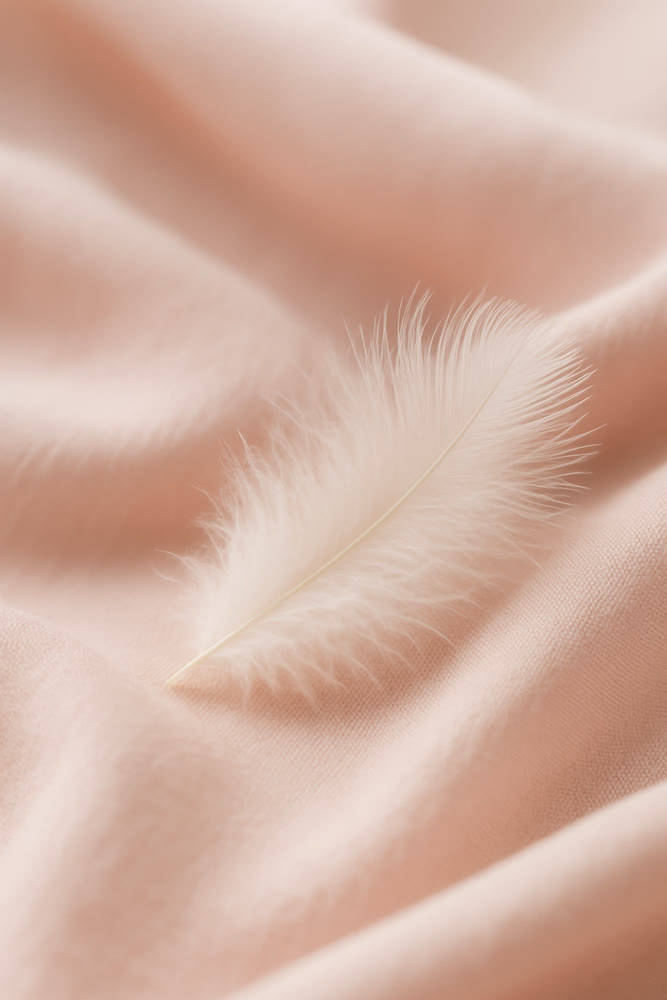 Elegant feather display. Refined satin backdrop with feather resting on silk folds under warm glow