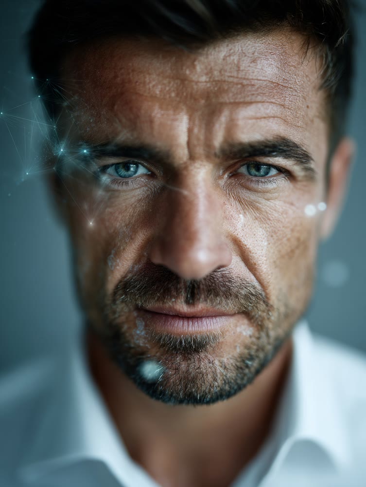 Futuristic leader with holographic data overlay, Cinematic image of professional with piercing blue eyes