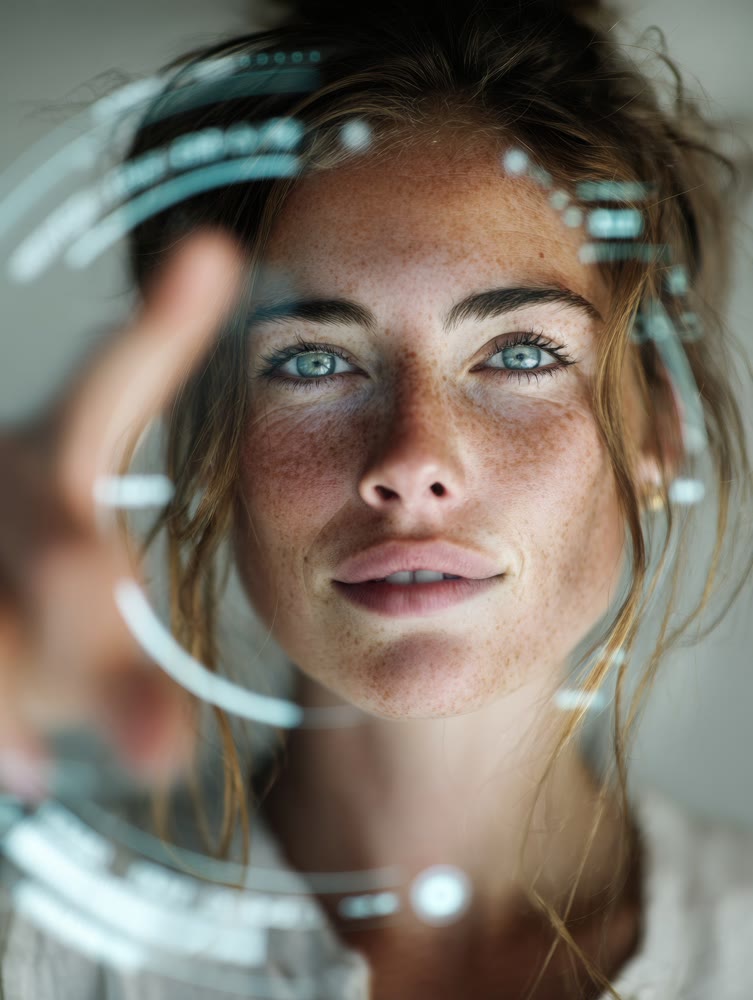 Focused woman manipulates hologram data, She interacts with luminous holographic controls carefully