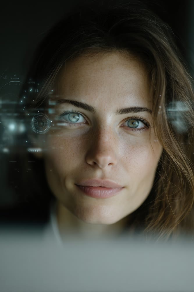 Caucasian woman in office attentively analyzing holographic cybersecurity data displays with concentration