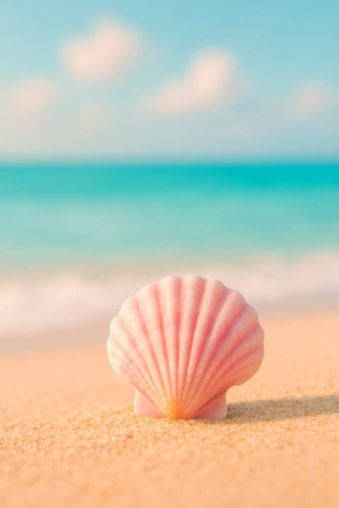 Beach scene serenity. Calm coastal summer scene. Tranquil beach with seashell and ocean haze