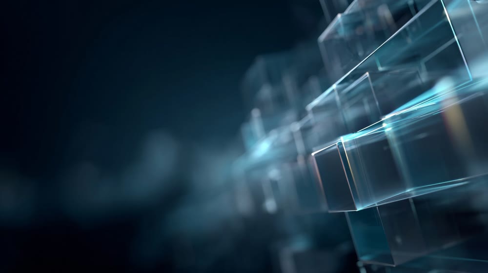 Glass blocks shimmer, Transparent geometric shapes glide amidst deep shadows highlighting detailed structure