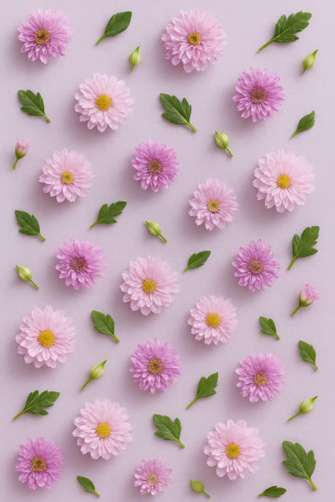 Soft pastel botanical propaganda. Gentle shaded chrysanthemums on muted surface with foliage details