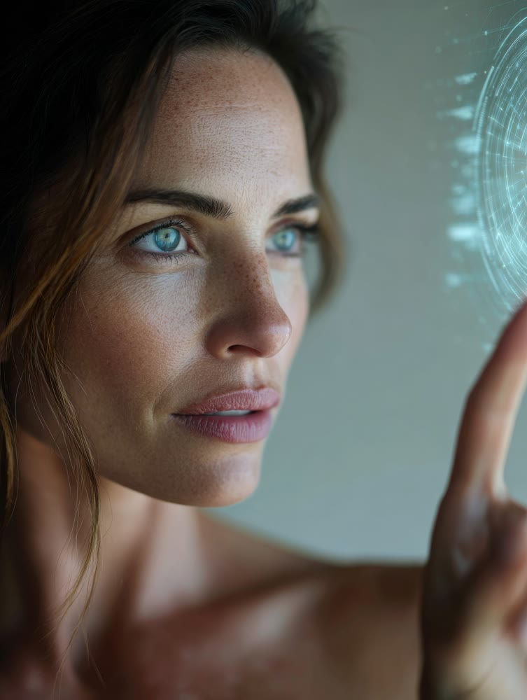 Woman focuses on holographic medical interface showing diagnostic and molecular data overlays