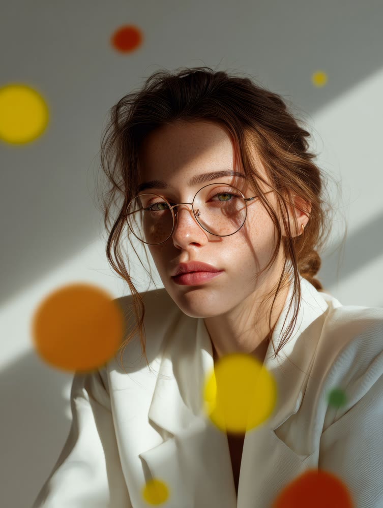 Creative woman in sunlight, Stylish portrait featuring natural makeup and artistic bokeh effects