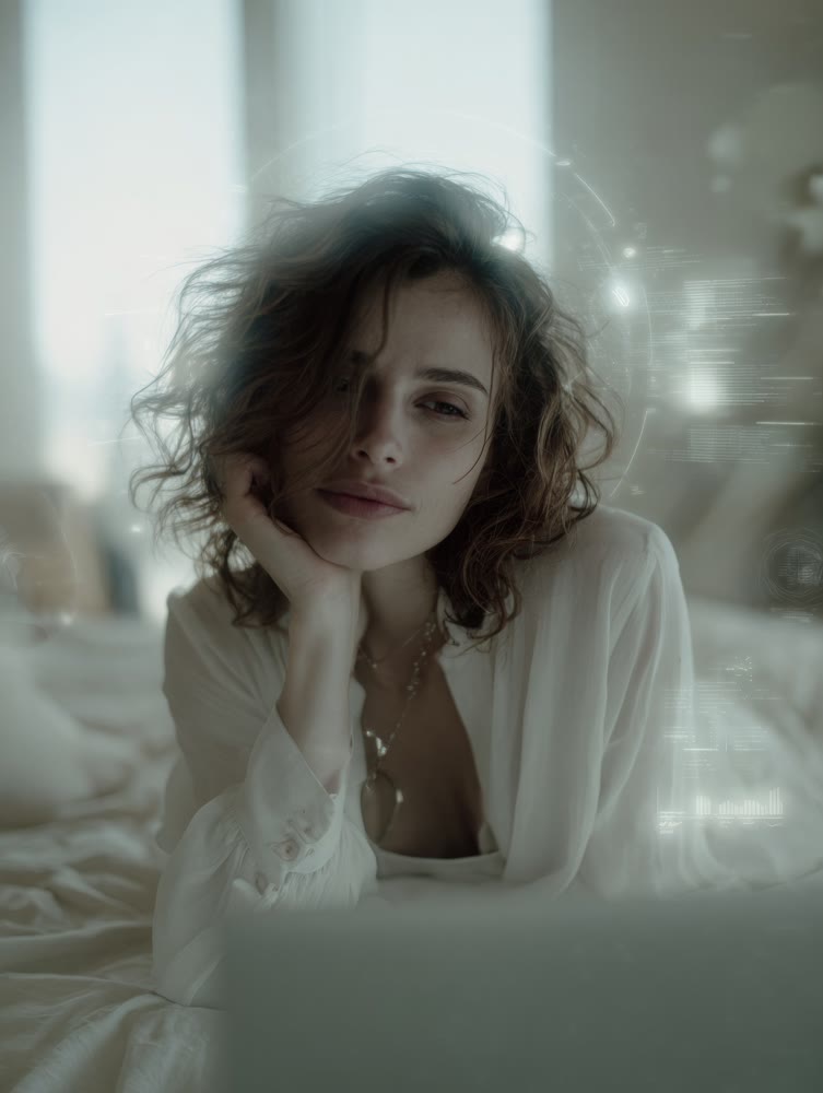 Relaxed lady enjoying quiet morning time, Serene scene of woman in cozy robe working relaxedly