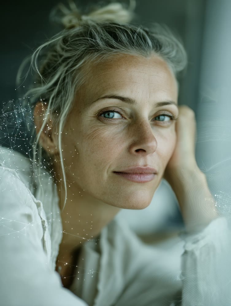 Mature female author in peaceful moment, Old woman with silver hair in contemplative solitude