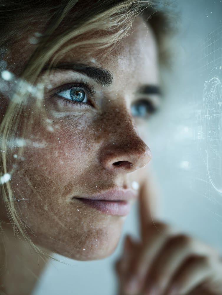 Thoughtful lady examining digital interface, Woman with freckles scrutinizing holographic data display