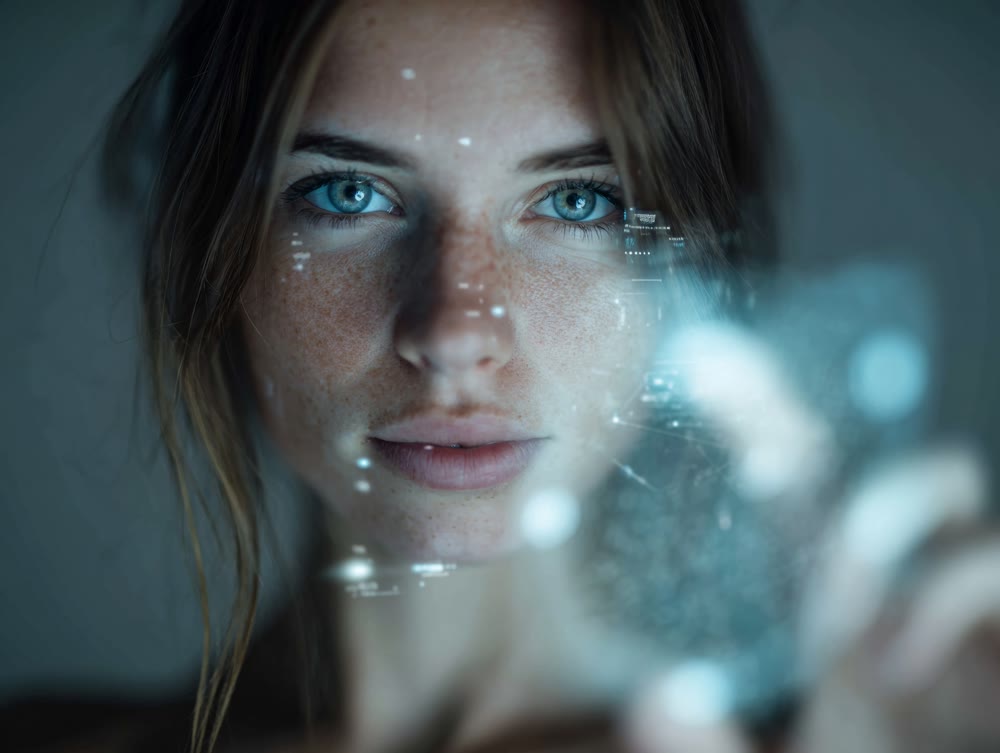 Woman displaying augmented facial features, Lady with glowing facial points and digital enhancement