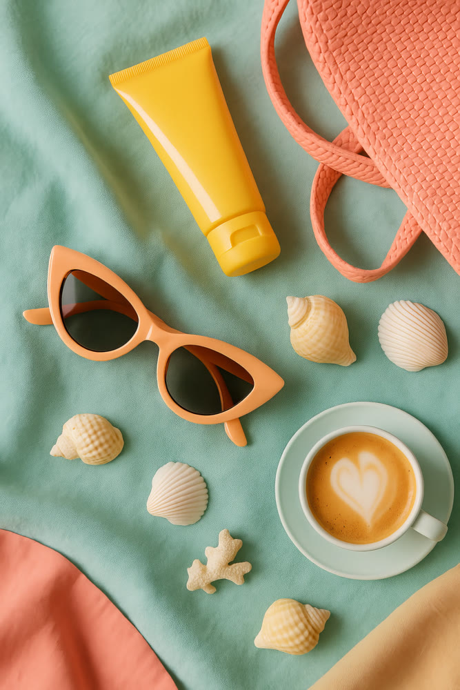 Beach essentials display. Seaside gear for relaxation. Coastal lifestyle items arranged for travel