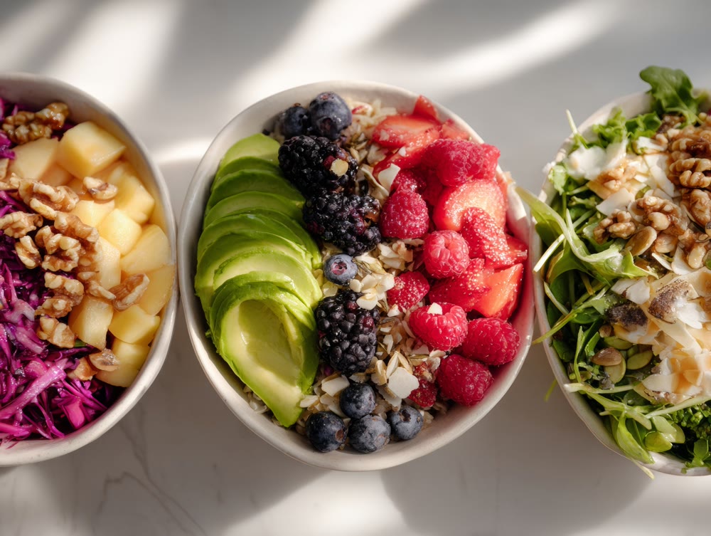 Eclectic assortment of vibrant bowls featuring fruits nuts grains and leafy vegetables for health