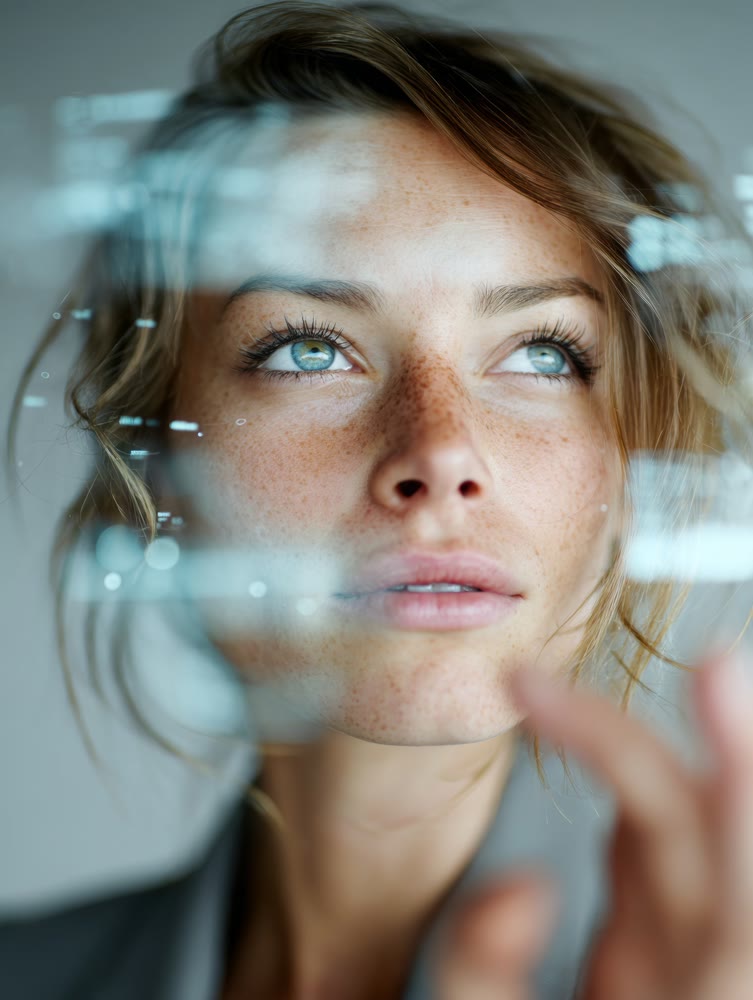 Woman examining window, Closeup of woman deeply engaged with reflective surface in natural light