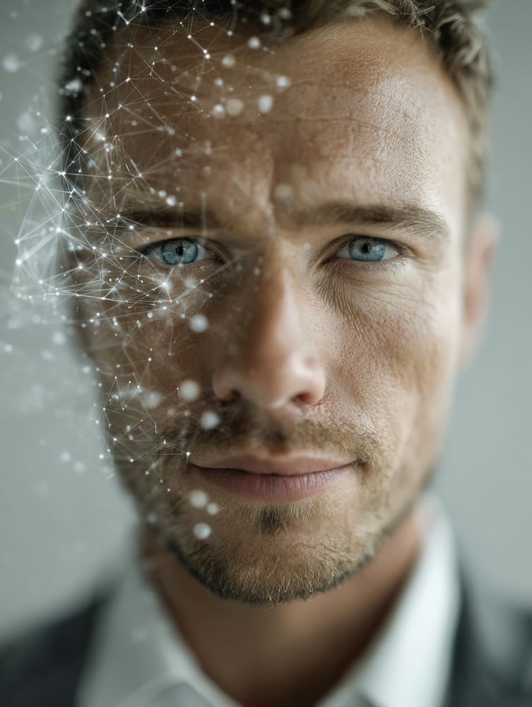 Business innovator portrayed with digital elements emphasizing datadriven approach and visionary thinking