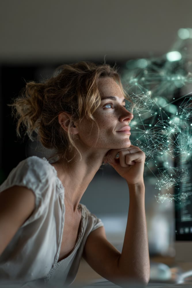 Woman observing hologram with hope, Cheerful woman at workstation examining futuristic holographic display