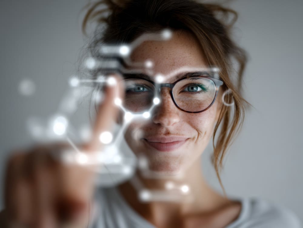 Female user in glasses confidently manipulating futuristic hologram with multiple data points