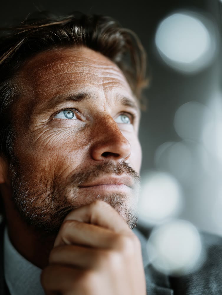 An analytical white investor studying financial data against blurred background with serious intent