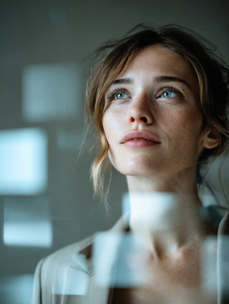 Modern woman reflects through window, Young lady contemplates as daylight filters into office space