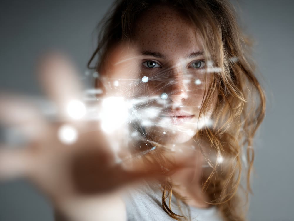 An energetic young woman gestures towards holographic lights illustrating advanced technological creativity