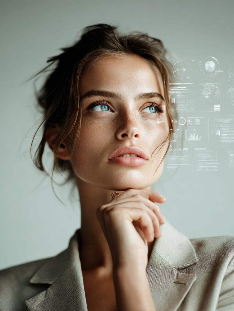 Professional woman immersed in strategic thinking with floating holographic data displays and icons