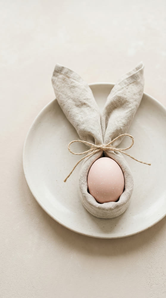 A simple, handmade Easter card. Napkin ears in the shape of an Easter bunny, a simple embellishment